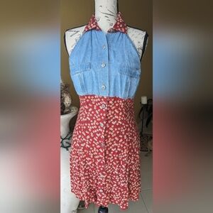 MY MICHELLE Vintage Cotton Floral Denim Halter Button Down Dress Size 11/12
